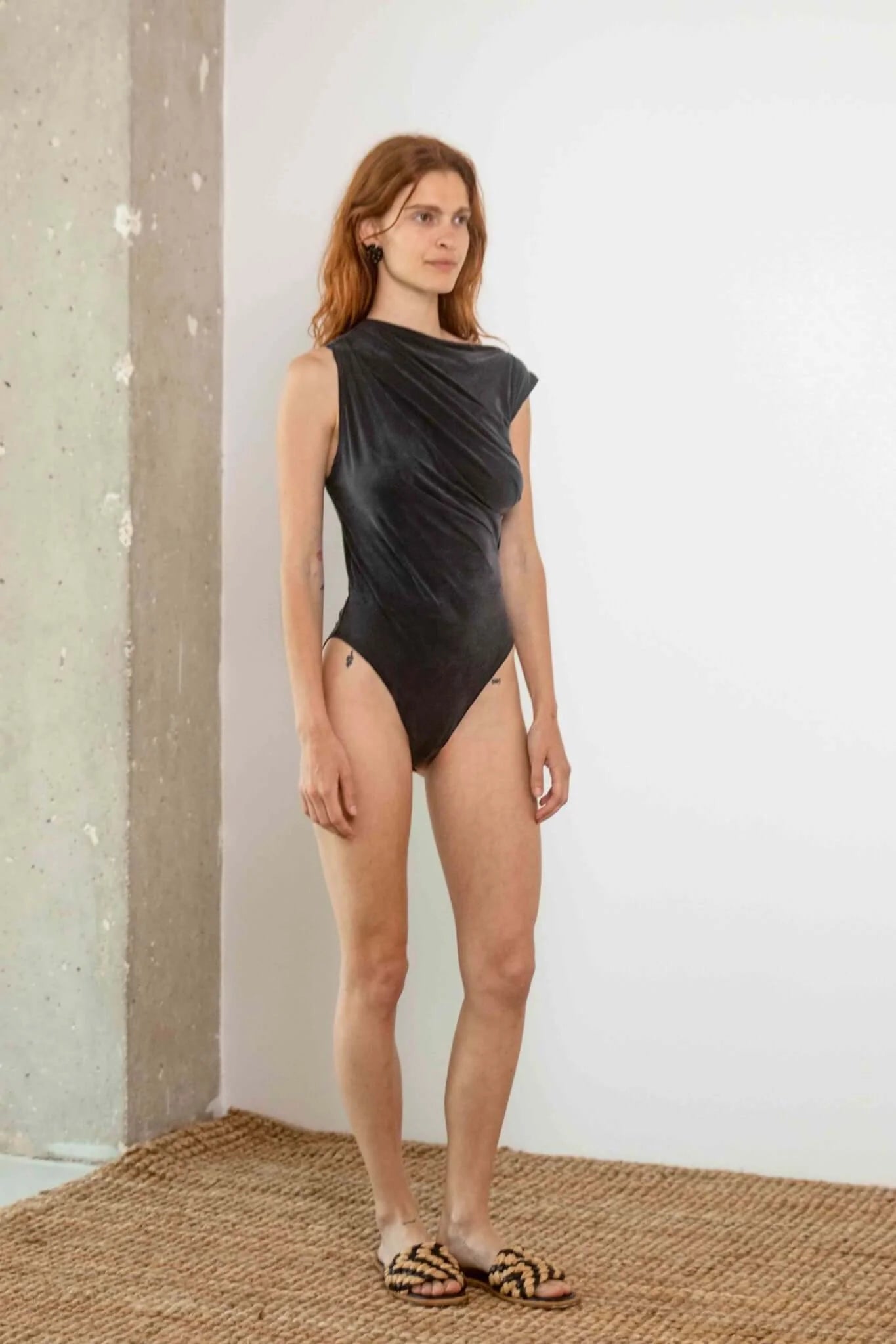 Drape Neckline Bodysuit in Slate Black